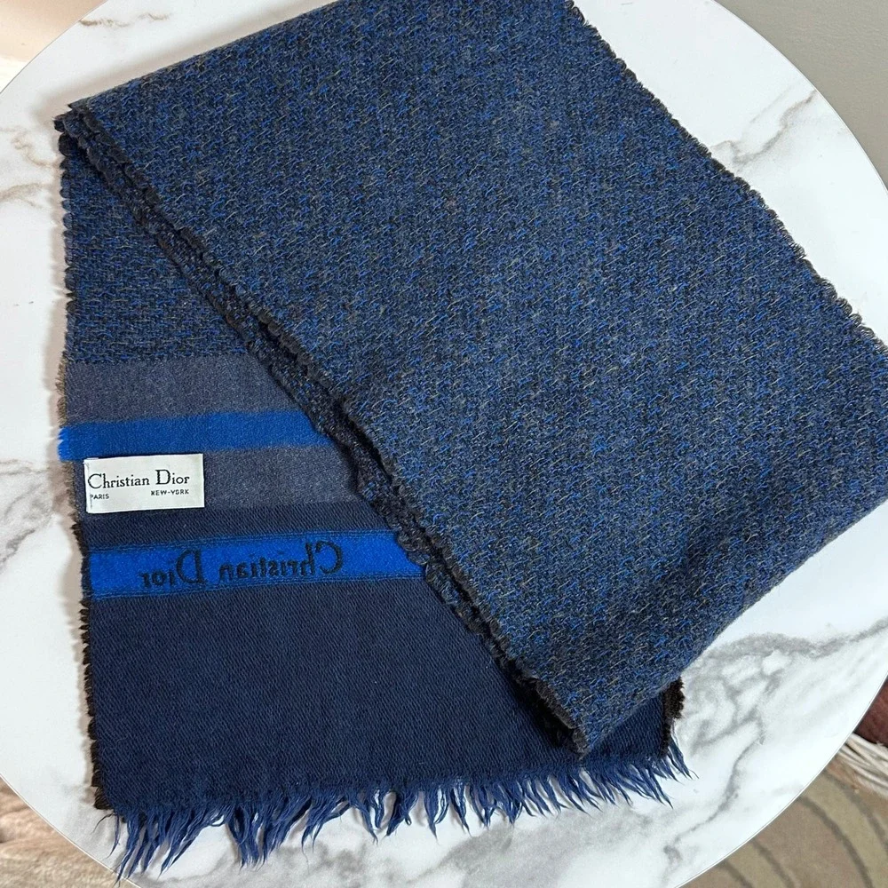 Christian Dior VTG Wool Scarf Blue Brown Stripe West‎ Germany 1970's Luxury